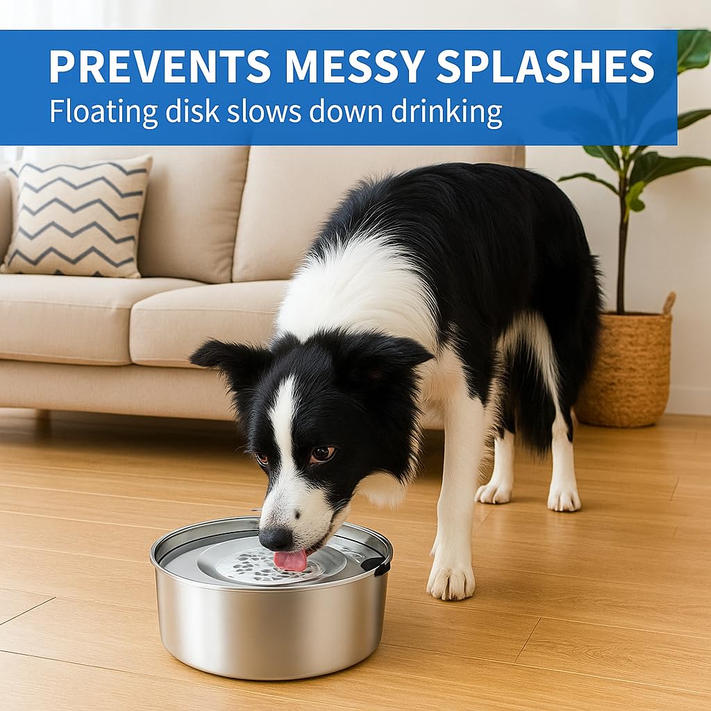 3L/101oz Stainless Steel Dog Water Bowl with Floating Disk – Spill Proof & Slow Drinking Pet Feeder for Dogs & Cats – No Mess Travel Water Dispenser for Car & Home Use